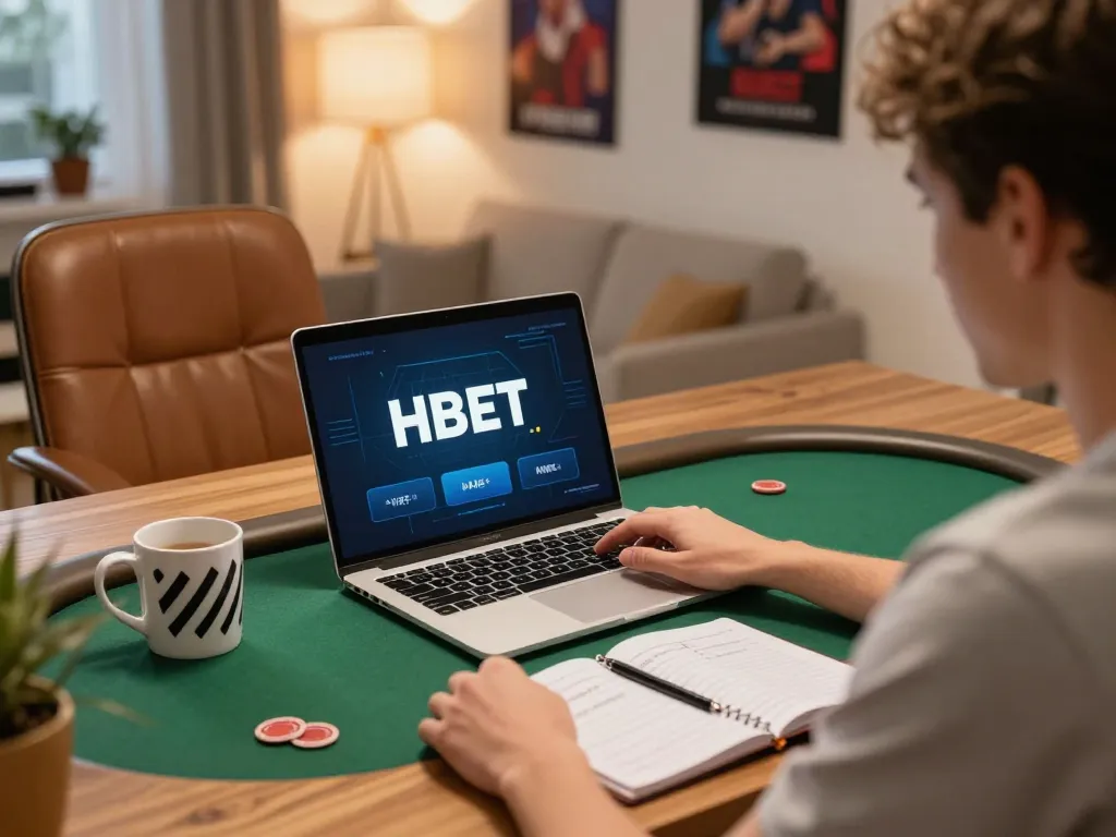 Player enjoying Hbet poker in a cozy home office with strategic notes visible.