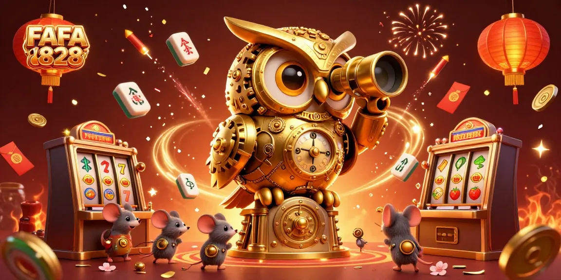 FAFA828 presents a festive and dynamic casino scene with an owl observing players amid vibrant slot machines.