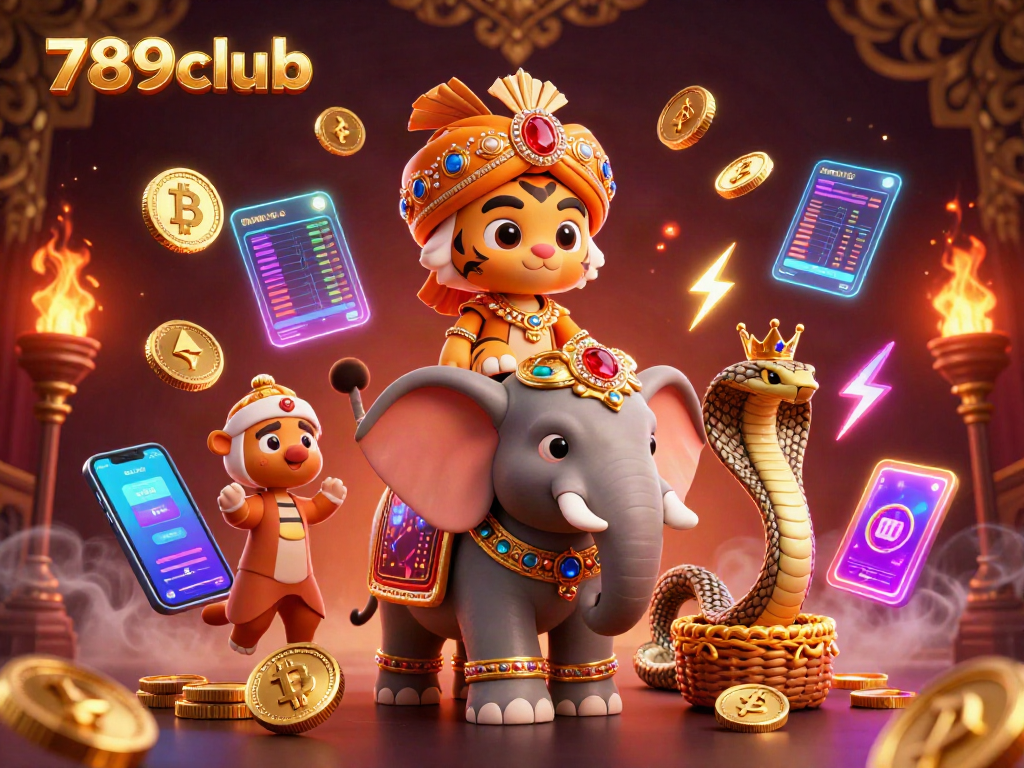 Join the excitement at 789clubb with a jubilant scene of a maharaja tiger and an elephant amidst a digital gambling extravaganza.