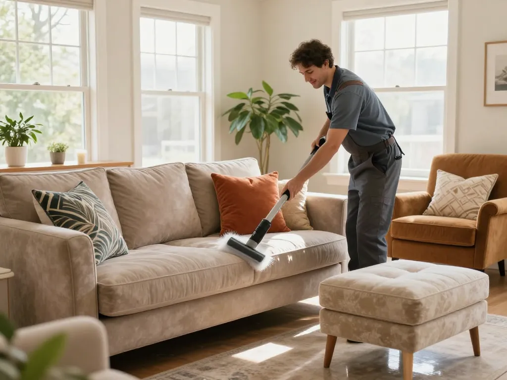 Local service round-up pages showing professional upholstery cleaning in a bright living room