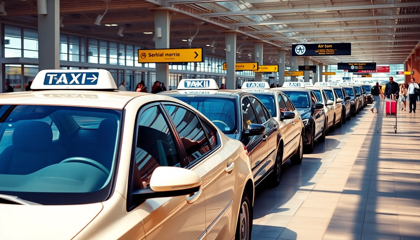Cabs waiting efficiently at an airport terminal, surrounded by travelers and luggage.