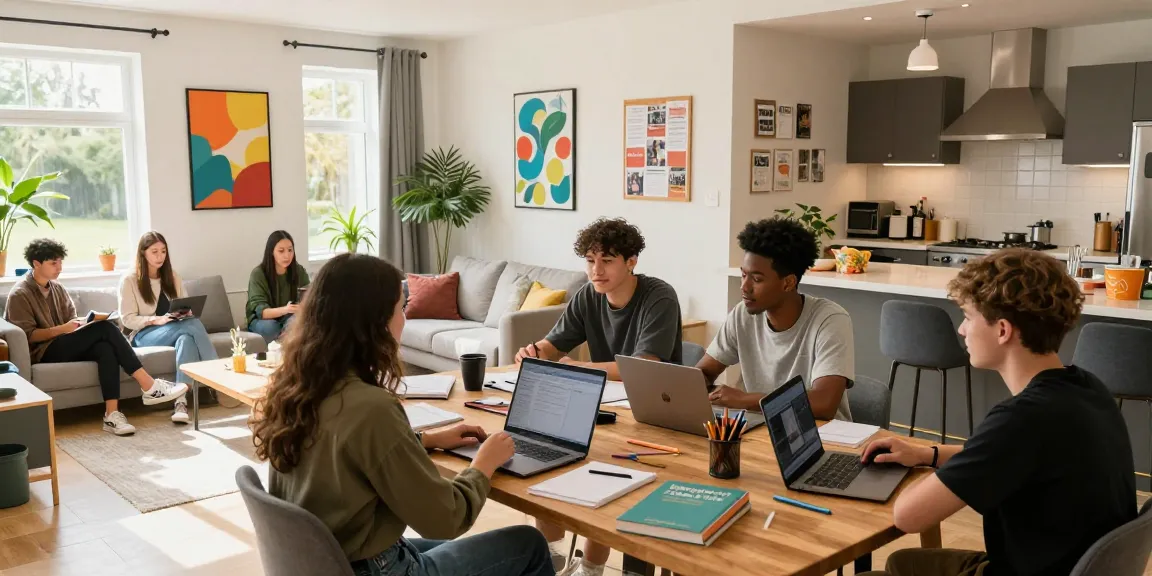 Student accommodation in Northampton featuring a vibrant living room with students studying together, showcasing modern facilities and comfort.