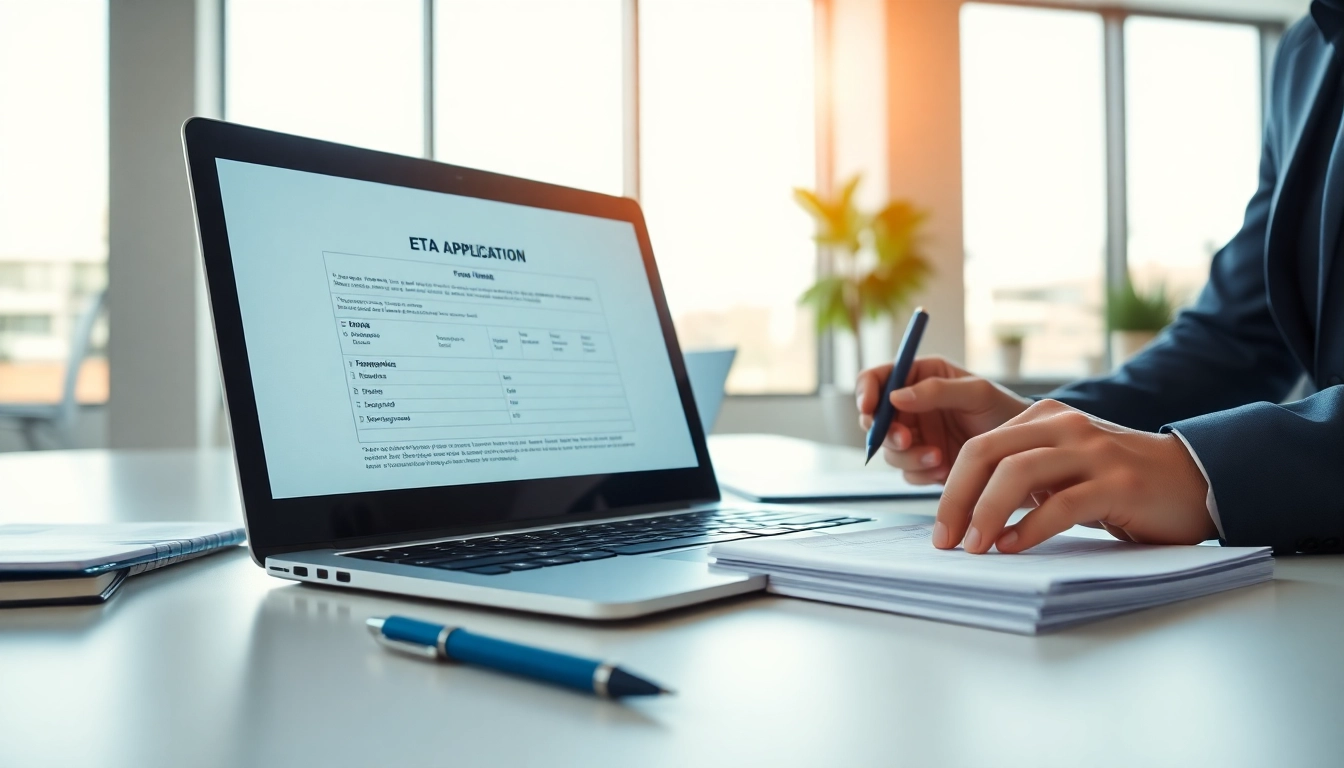 Complete the eta uk application form with a professional at a modern desk setting.