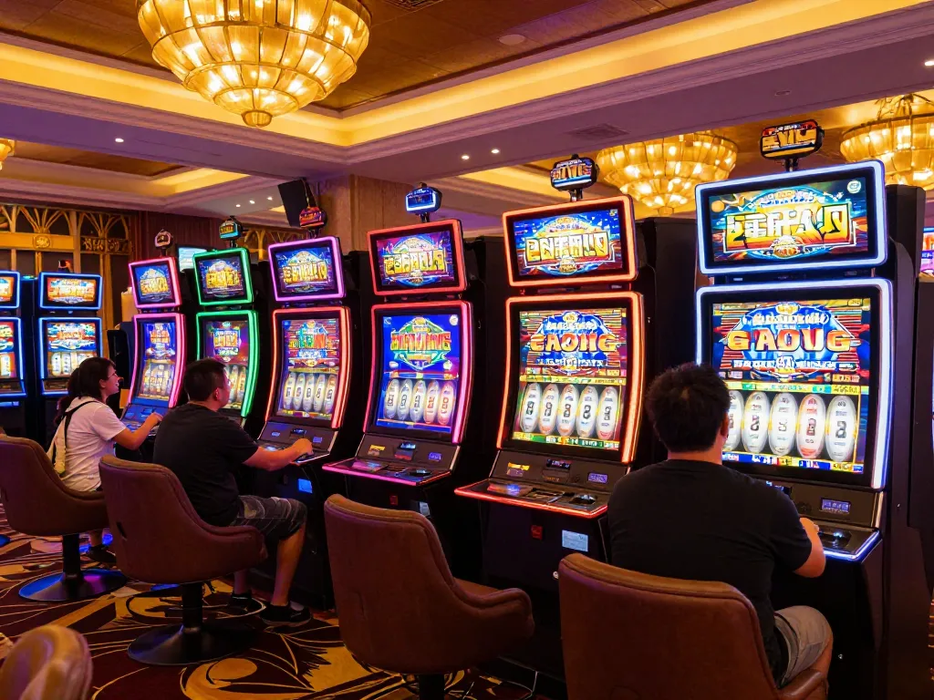 Engaged players spinning slots at a lively Slot Malaysia casino, dynamic and colorful atmosphere.