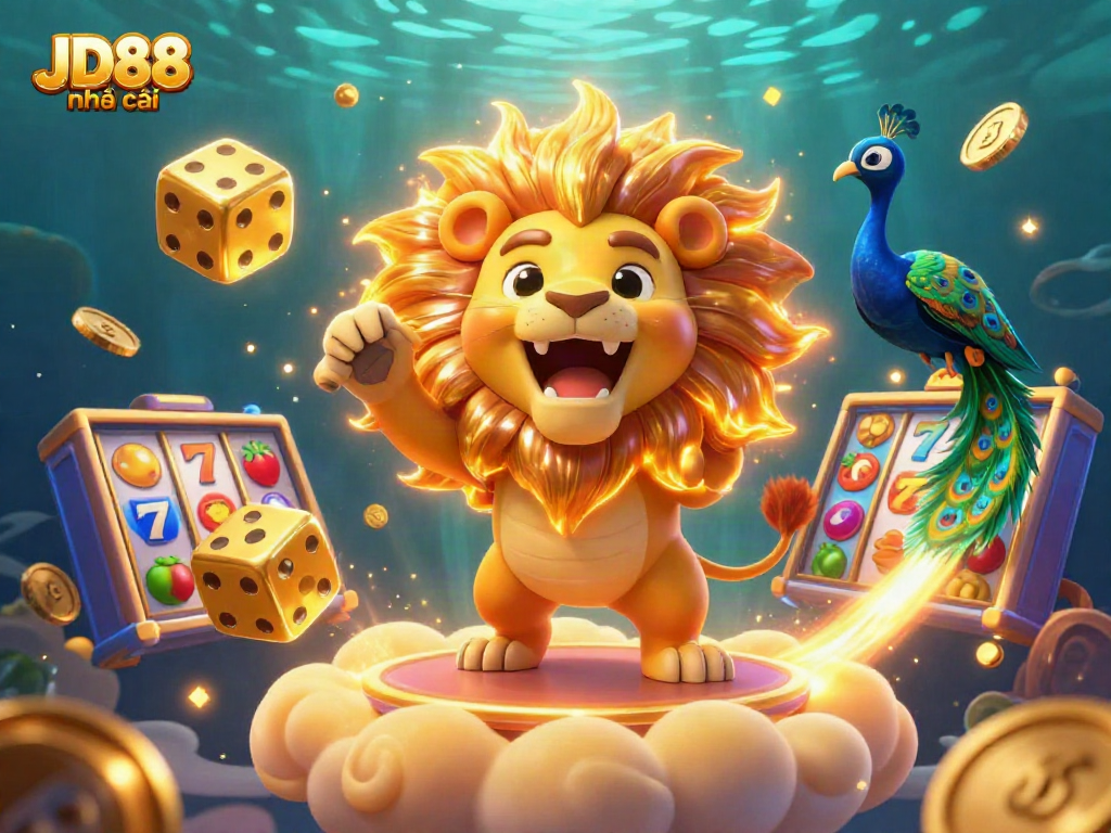 Experience the thrill of JD88 nhà cái with vibrant slots, lucky 7s, and a roaring lion in an immersive 3D scene.