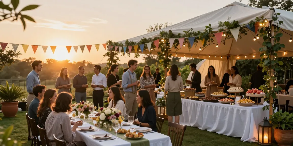 Marquee hire London elegant garden party with decorated marquee under sunset.