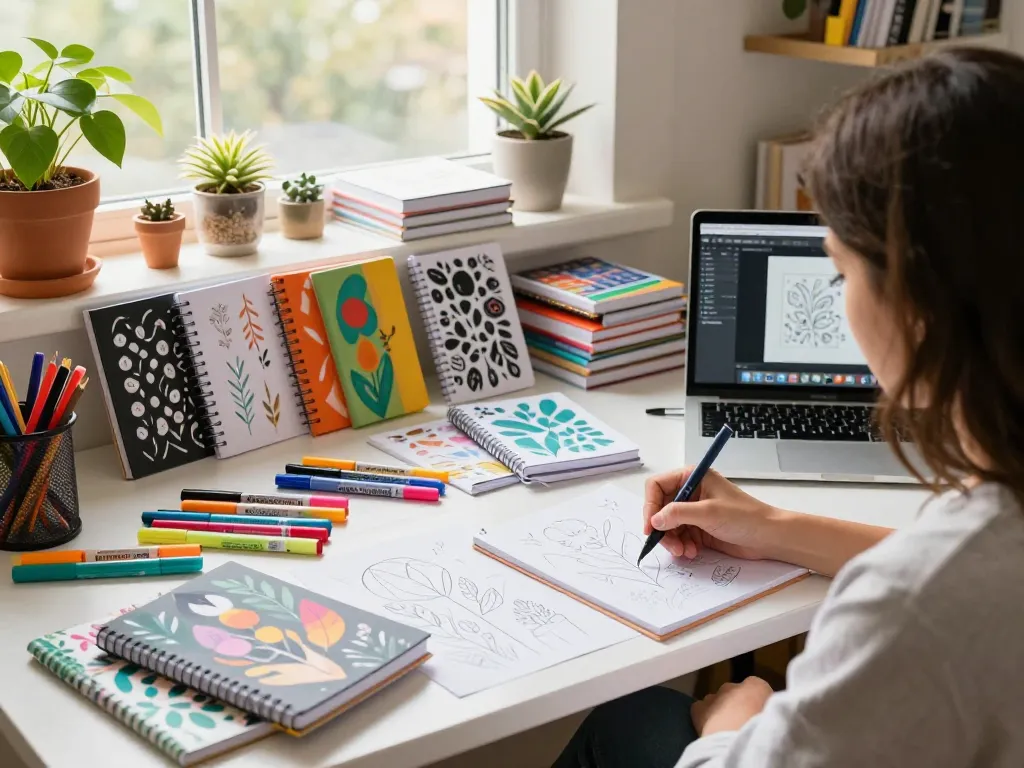 Artist designing custom printed notebooks in a colorful workspace filled with art supplies.