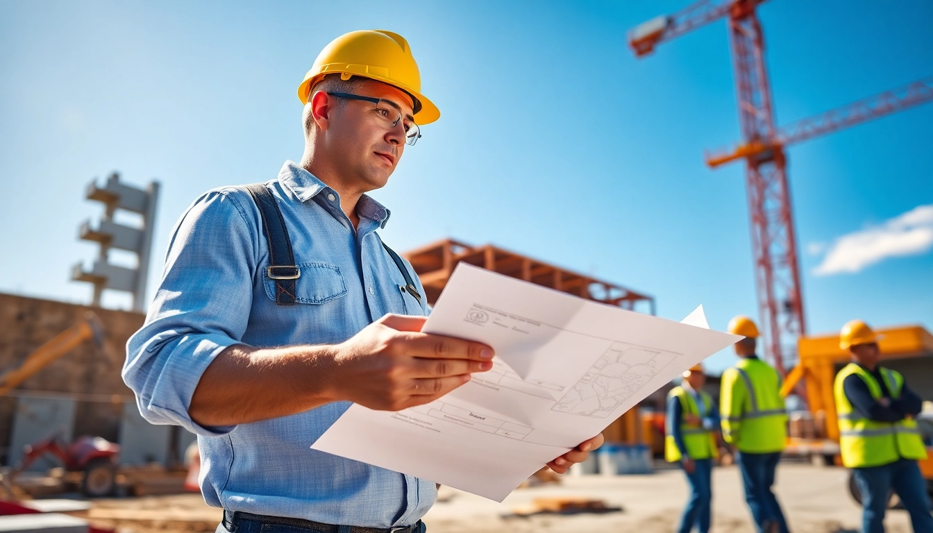 New Jersey Construction Manager leading a team on-site with detailed building plans.