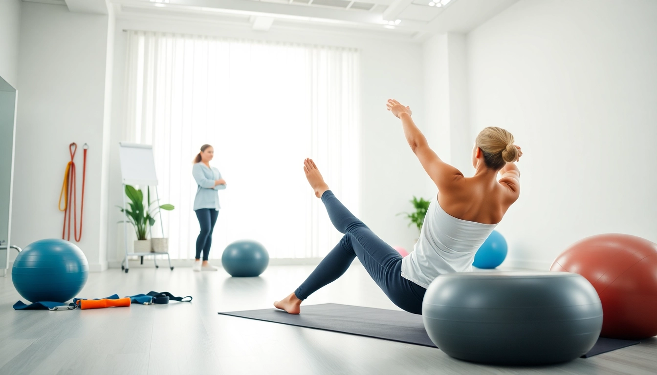 Showing how to get rid of back pain through exercises demonstrated by a physiotherapist in a bright clinic.