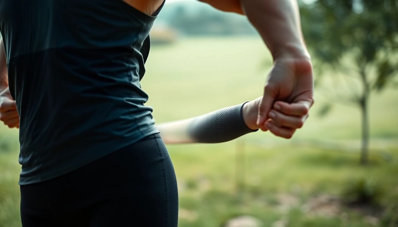 Active individual wearing a sciatic nerve sleeve, stretching outdoors for pain relief and mobility support.