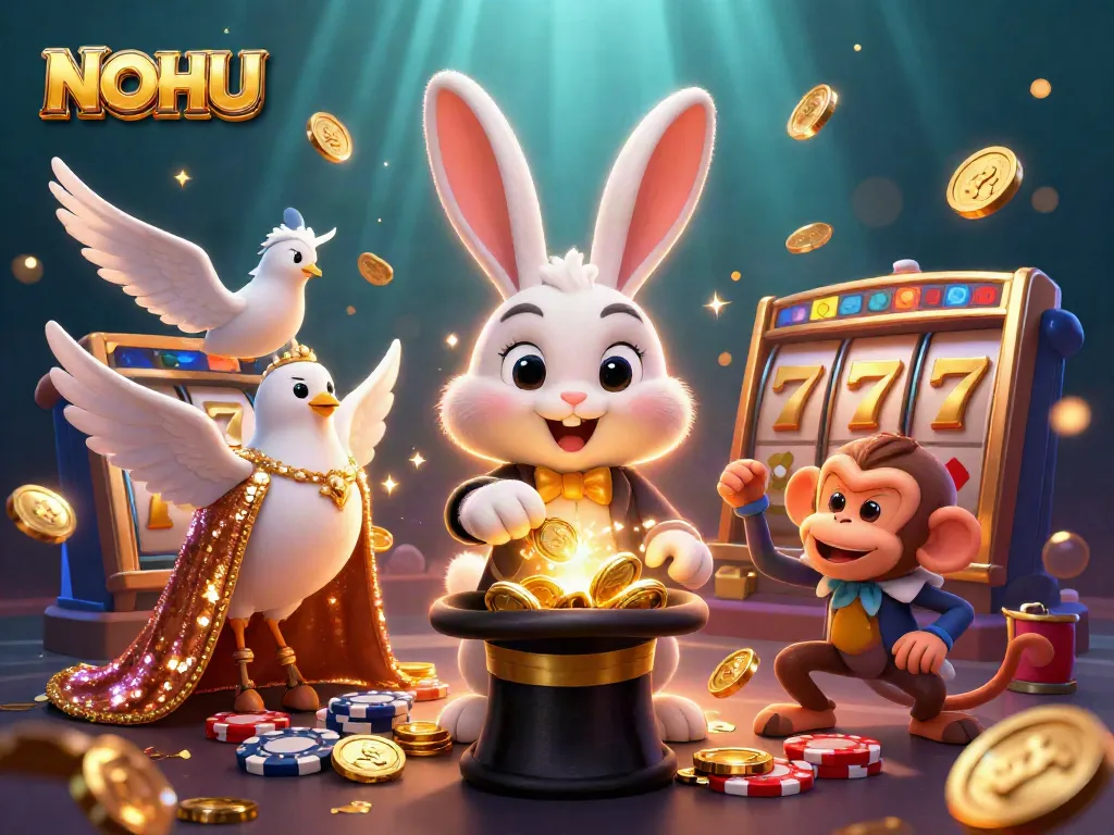 Experience the excitement of NOHU with a magical scene featuring a 3D magician pulling coins amidst vibrant casino elements.
