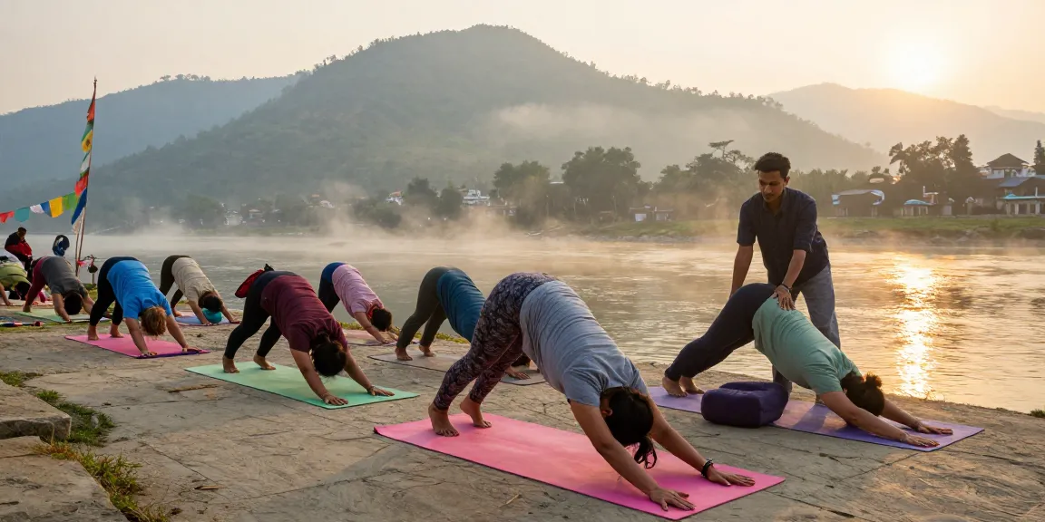 A vibrant sunrise yoga session on the Ganges, showcasing Yoga teacher training in Rishikesh India with diverse practitioners and serene surroundings.