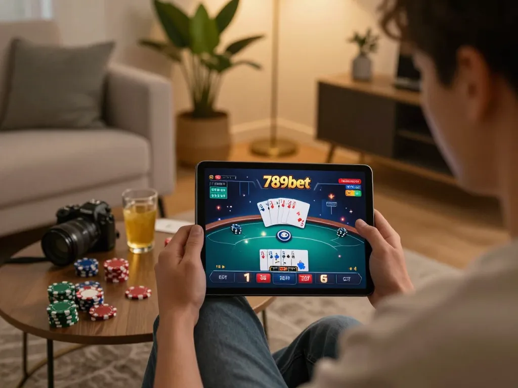 Person engaging in a 789bet poker game on a tablet in a cozy home setting, emphasizing strategic gameplay
