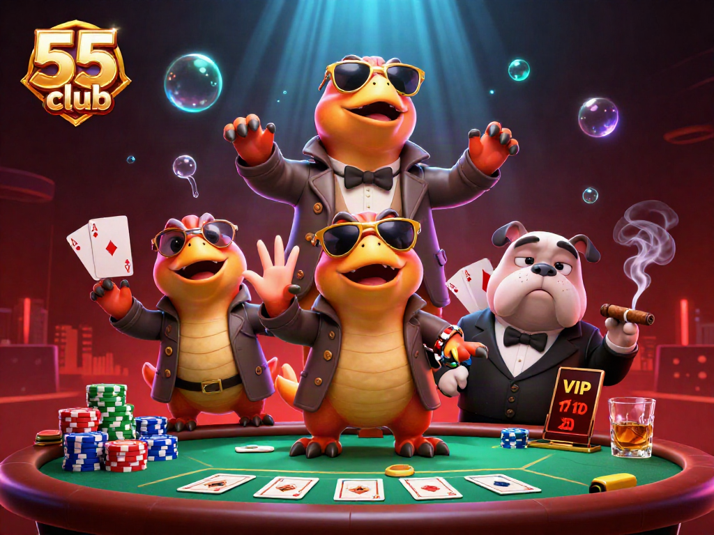 Engage with thrilling poker action on 55 club featuring playful raptors in a casino scene.