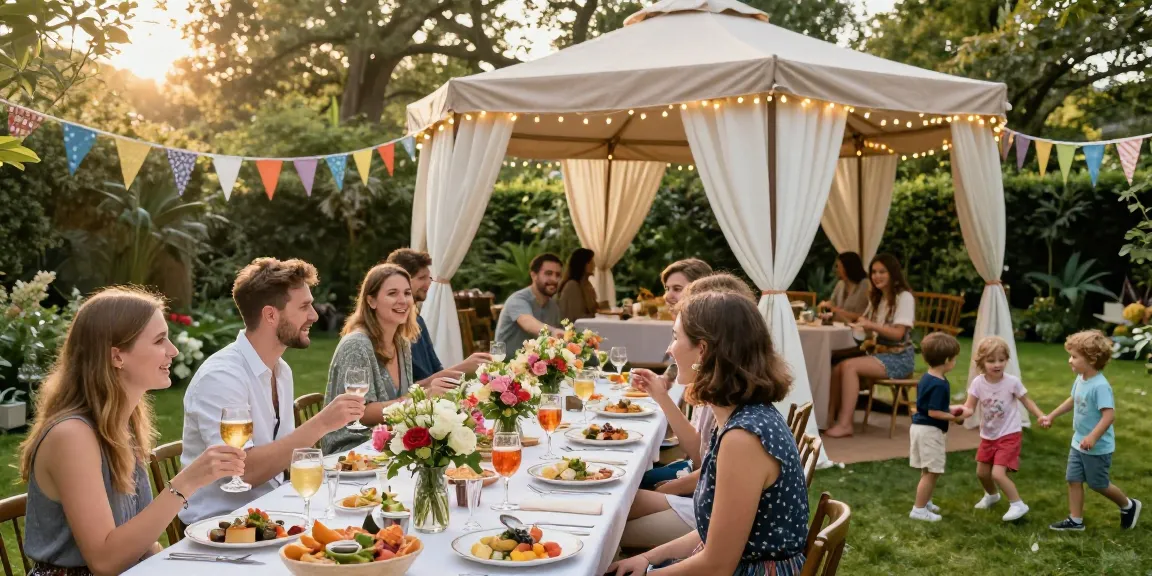 Stylish gazebo hire London enhances outdoor garden party with friends celebrating under elegant decorations.