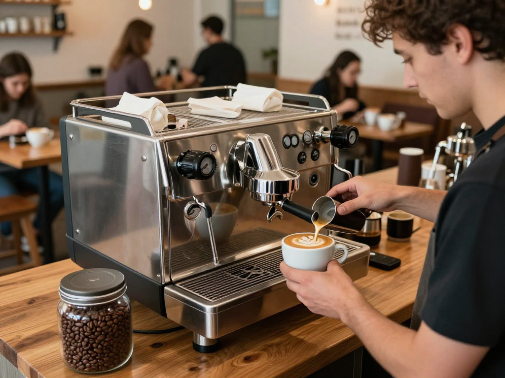 Commercial Coffee Machines in a vibrant café, barista pouring latte art for customers.