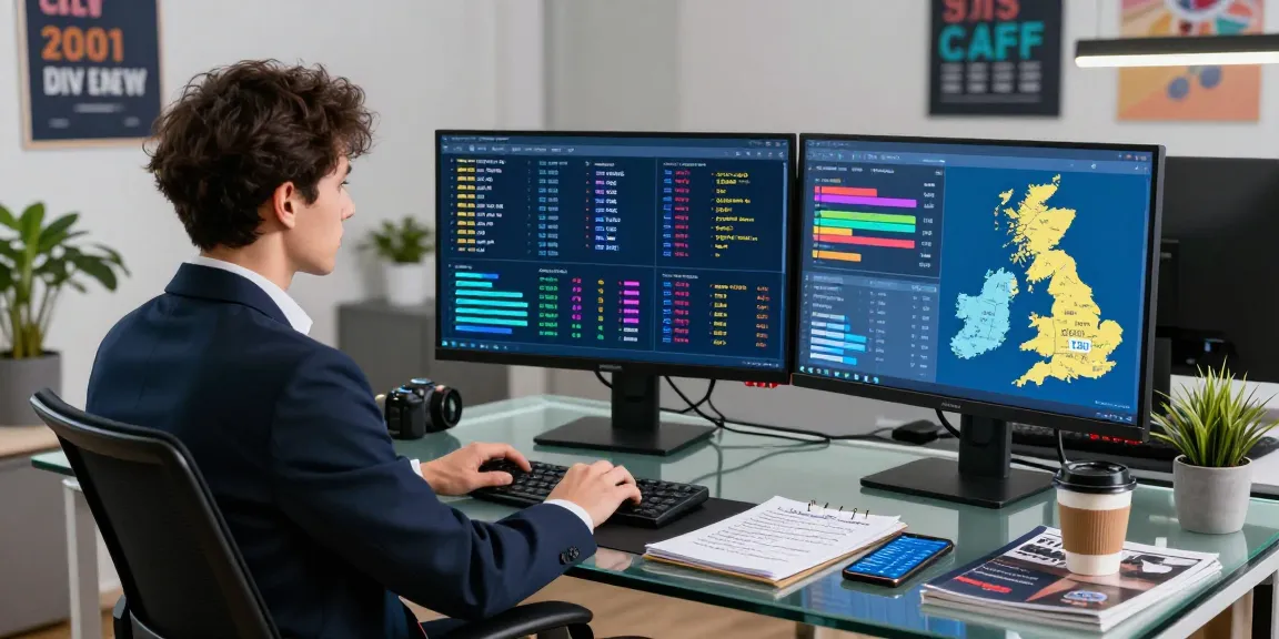 Data analyst utilizing a lookup tel number tool in a high-tech office, analyzing phone call trends on multiple screens.