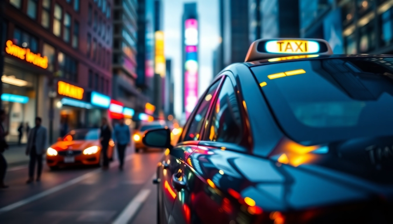 Catch a glimpse of modern cabs parked in a vibrant city, reflecting bright neon lights.