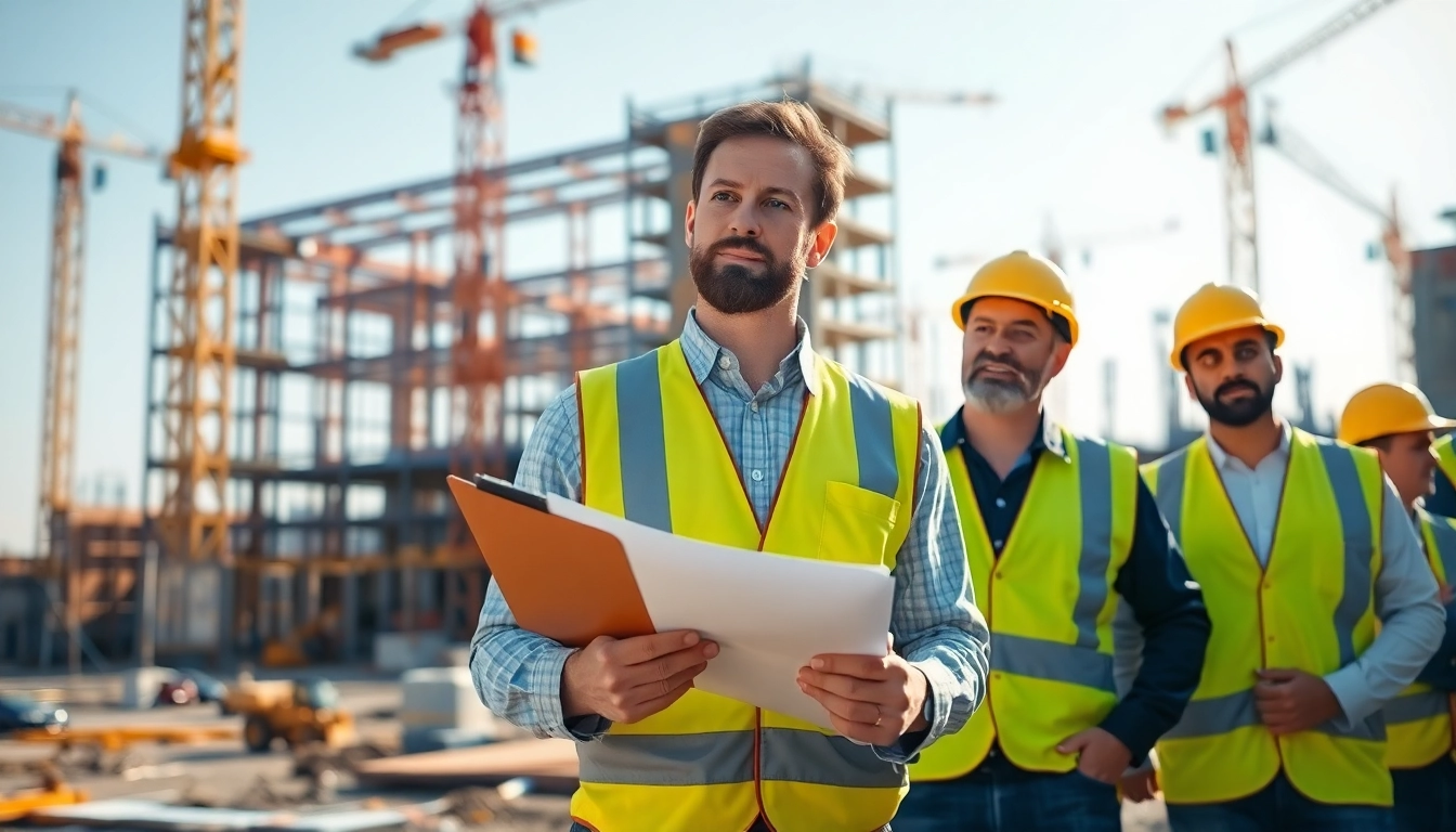 New Jersey Construction Manager leading a construction team on-site with cranes and building in the background.
