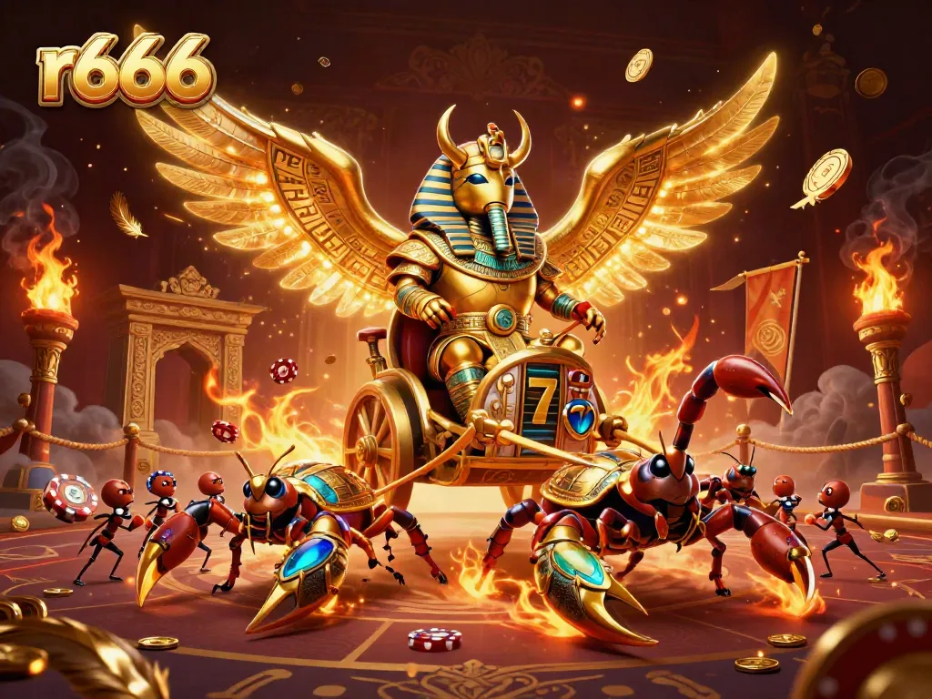 Experience thrilling gameplay at r666 with vibrant slot games and golden elements in a dynamic 3D scene.