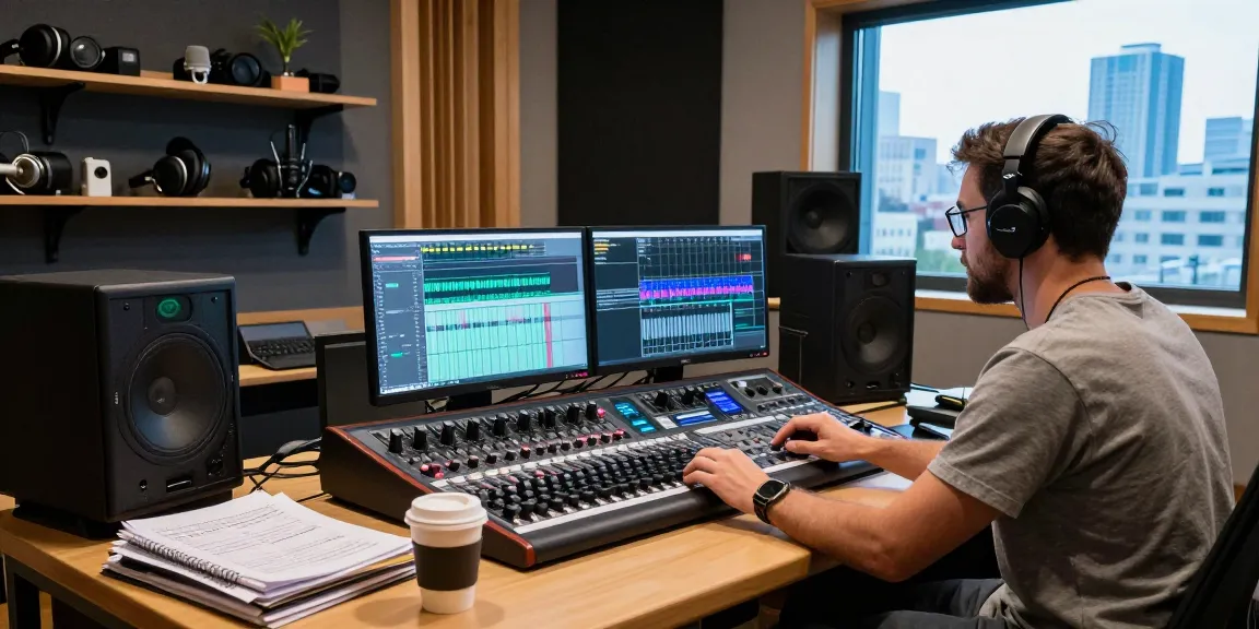 Sound engineer adjusting settings in a professional studio with audio equipment focusing on ia +18 sound production