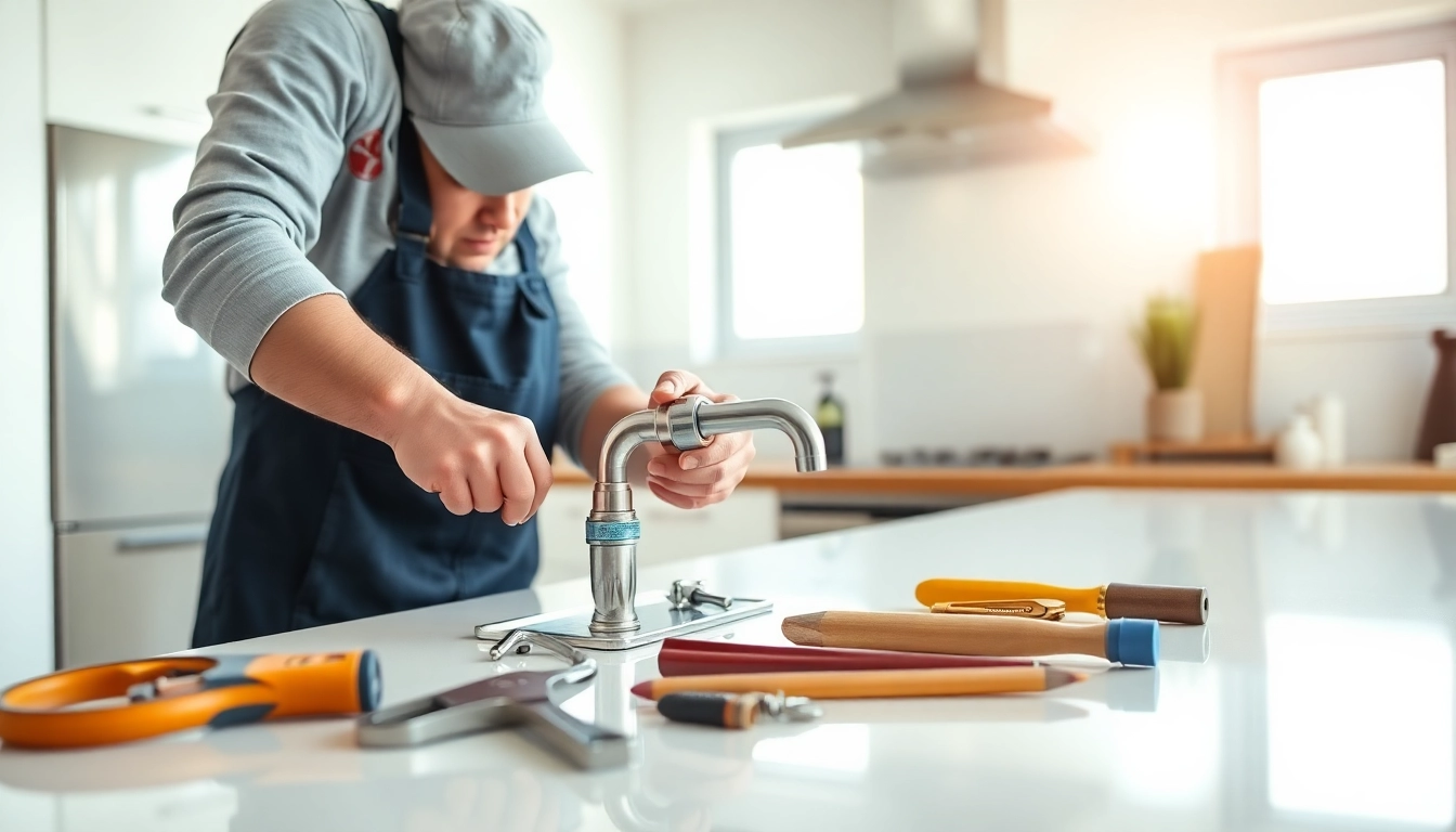 Find reliable plumber near me fixing a kitchen faucet in a bright, modern setting.