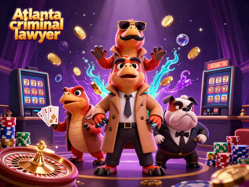 Atlanta criminal lawyer navigating a VIP casino, surrounded by vibrant gambling symbols and shining coins.