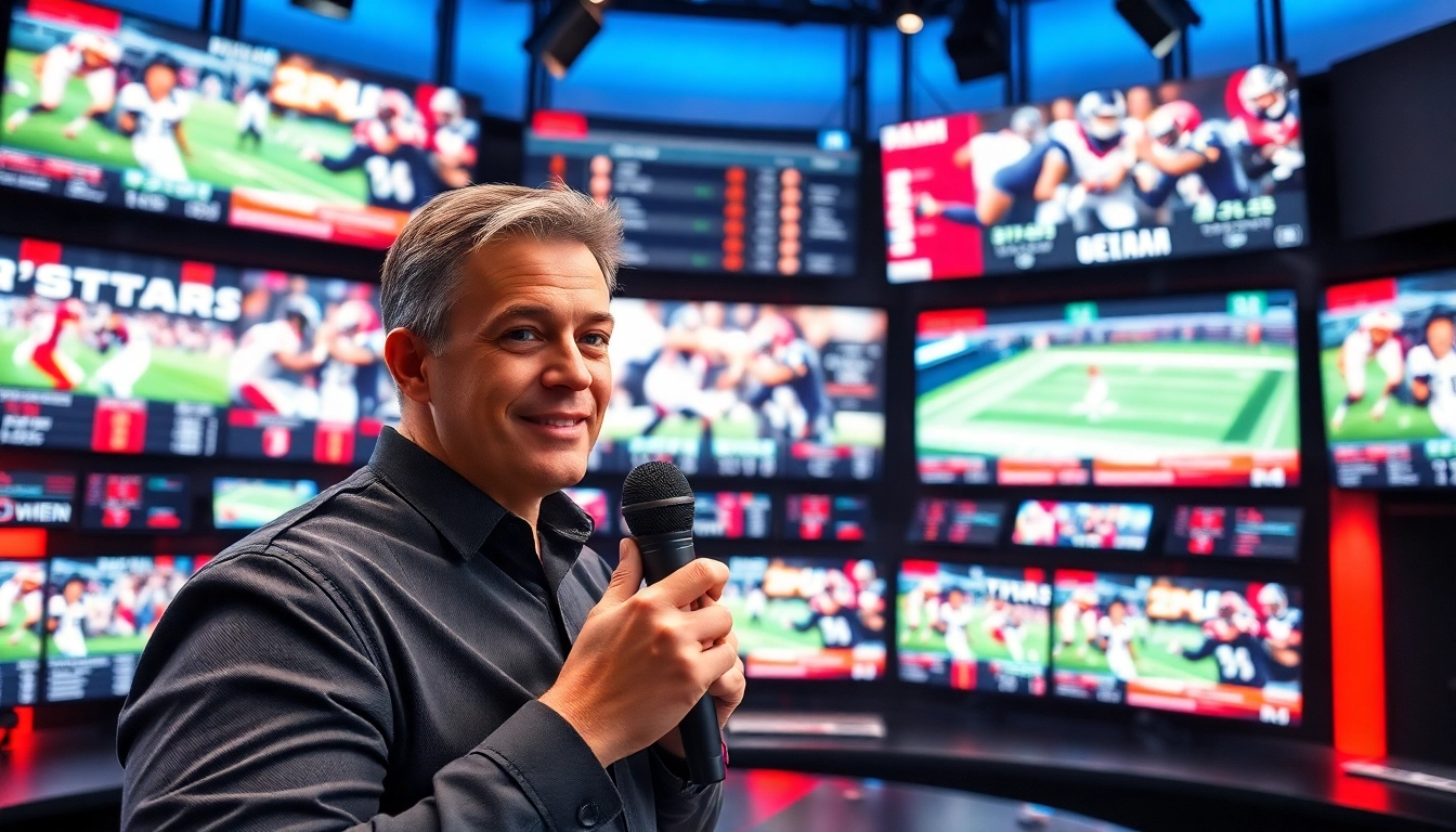 Engaging live sports broadcasting scene showcasing a professional commentator and dynamic graphics.