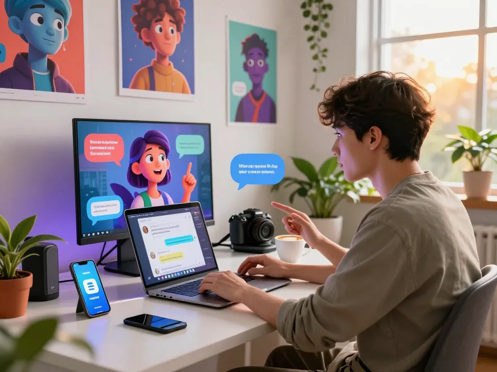 Engaging user chatting with a personality-filled spicy AI character at a modern desk in a vibrant setting.