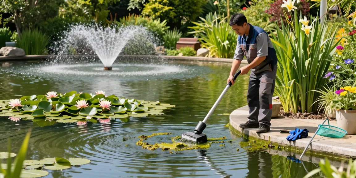 Pond cleaning guy using a pond vacuum in a beautiful garden pond.