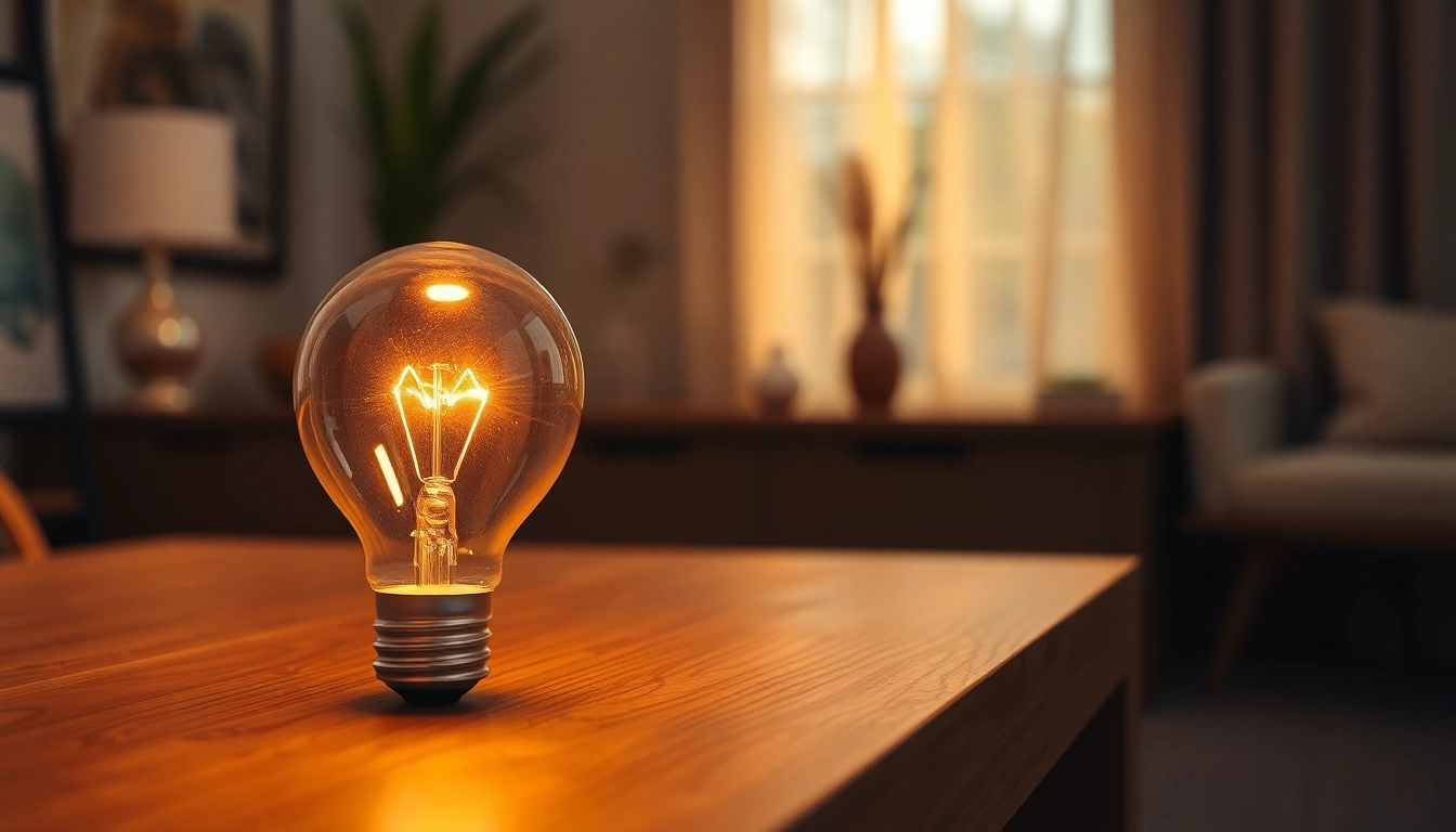 Showcase a 19 bulb illuminated on a wooden desk with a cozy atmosphere.