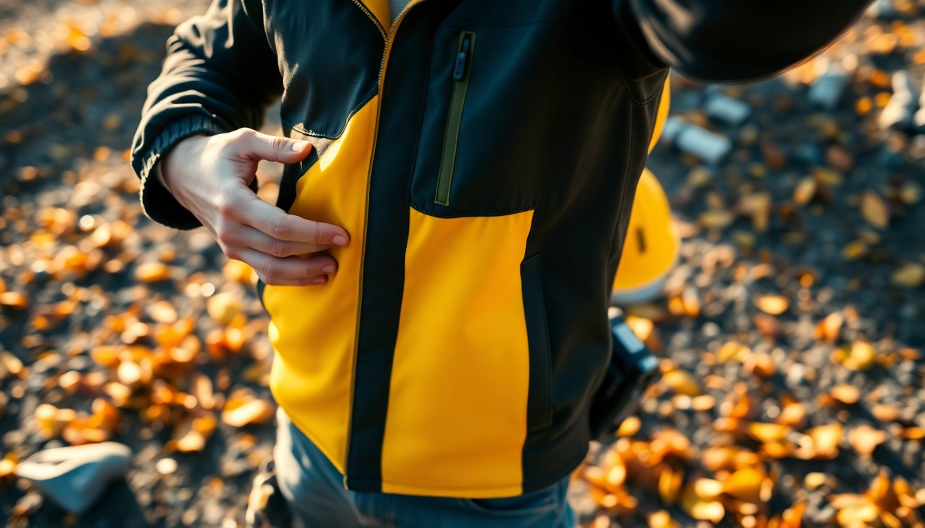 The DeWalt heated jacket boosts warmth as a worker focuses on tasks outdoors, highlighting its rugged design and utility.