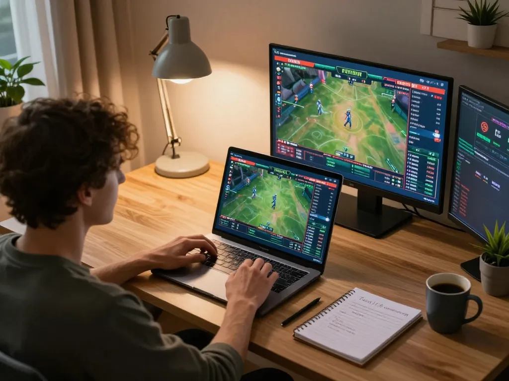 VT88 user placing strategic bets on a laptop in a modern home setting, showcasing dynamic online gambling experience.