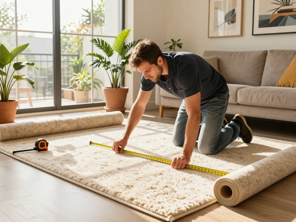 Professional carpet fitters near me installing plush carpet in a bright living room.