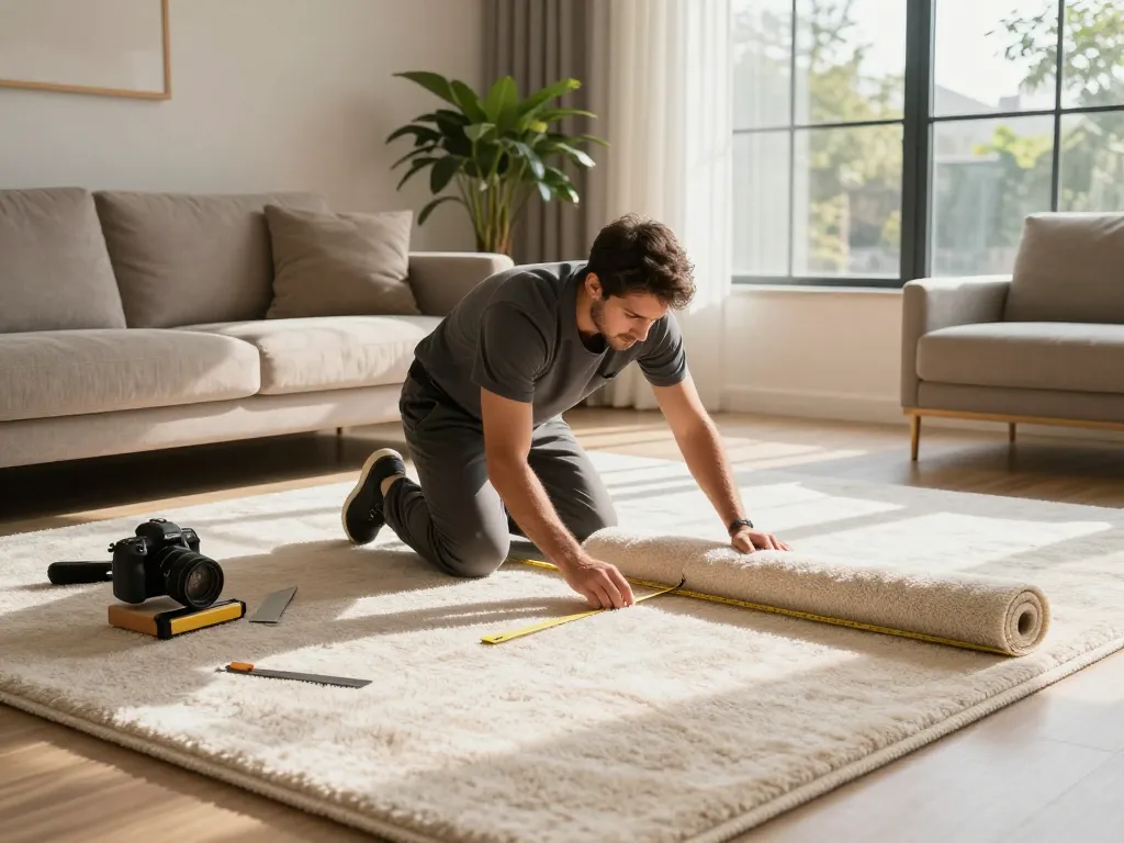 Professional carpet fitters near me installing plush carpet in a beautifully designed living room.