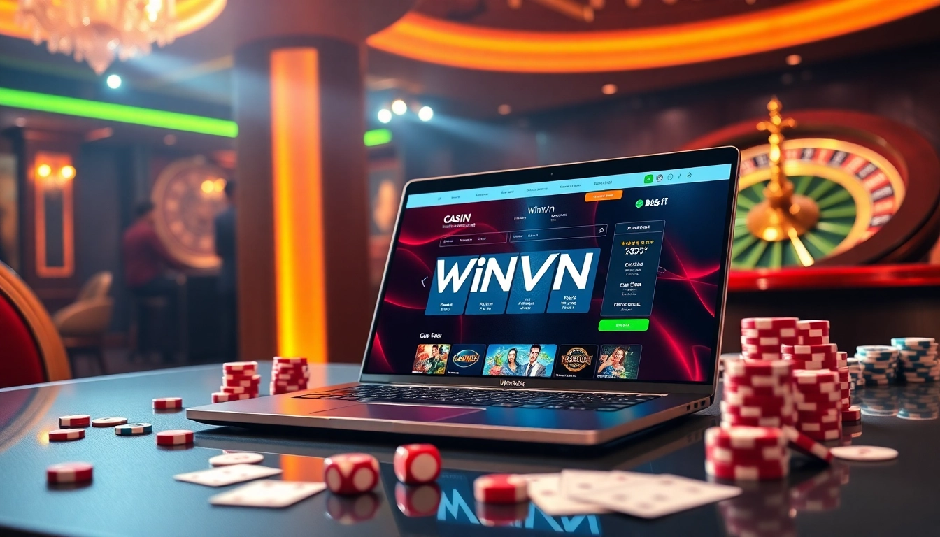 WinVN online gambling interface on a luxury gaming table with poker chips and roulette wheel.