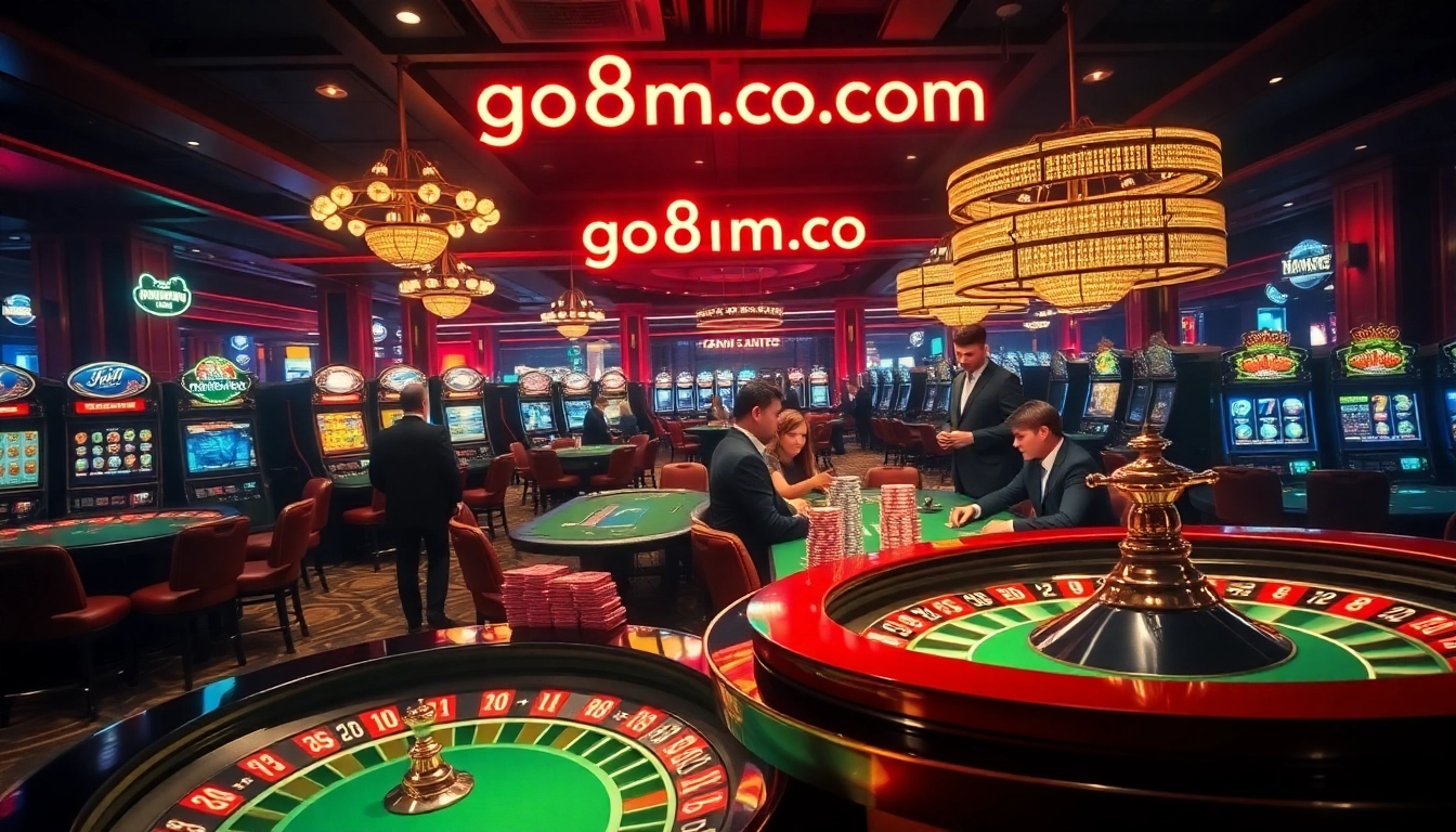Players enjoying poker and roulette at go8m.co.com casino, showcasing excitement and luxury.