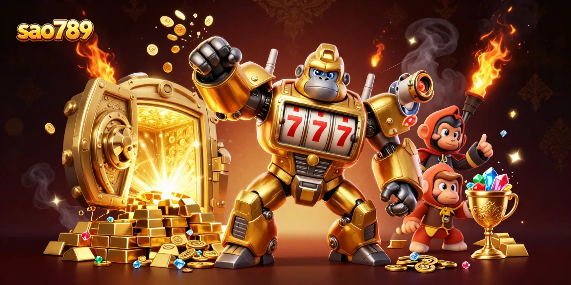 Explore the vibrant gaming universe of sao789 with a golden gorilla mech and treasure elements.