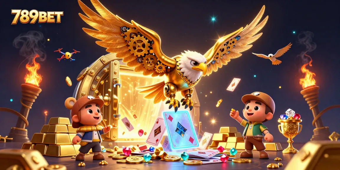 Winning strategies at 789BET showcase a cybernetic eagle amidst treasures and casino elements.