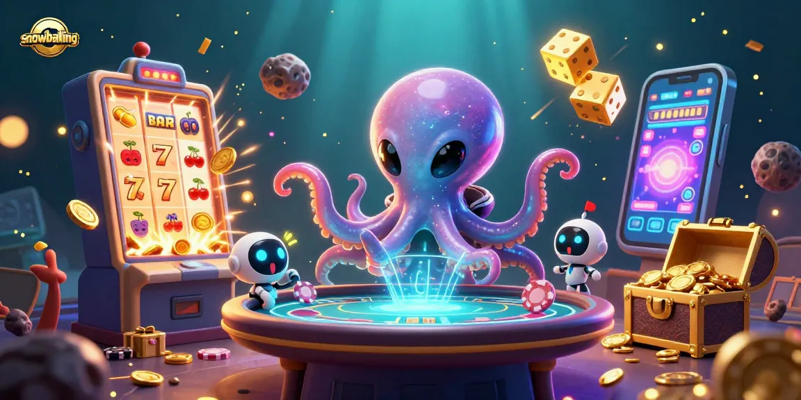 Snowballing illustrated with a vibrant, detailed casino scene featuring an octopus and a robot at a poker table.