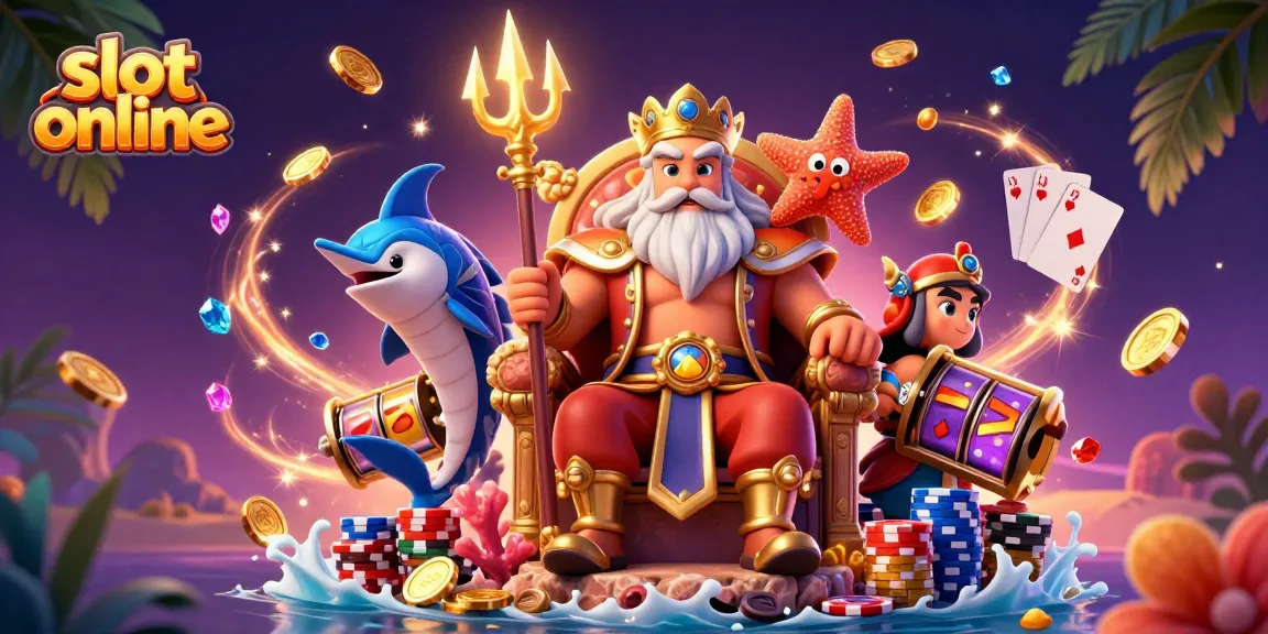 Experience thrilling slot online gameplay with Neptune, vibrant gems, and cascading coins.