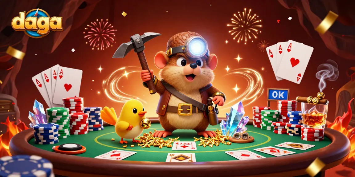 Win big with daga in a vibrant casino scene featuring a treasure hunter mole and poker elements.