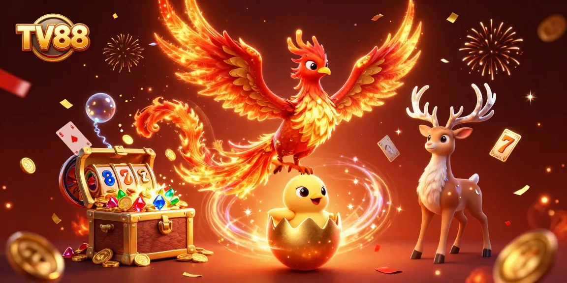 Experience dynamic gaming with TV88's vibrant phoenix, golden treasures, and floating slot reels.