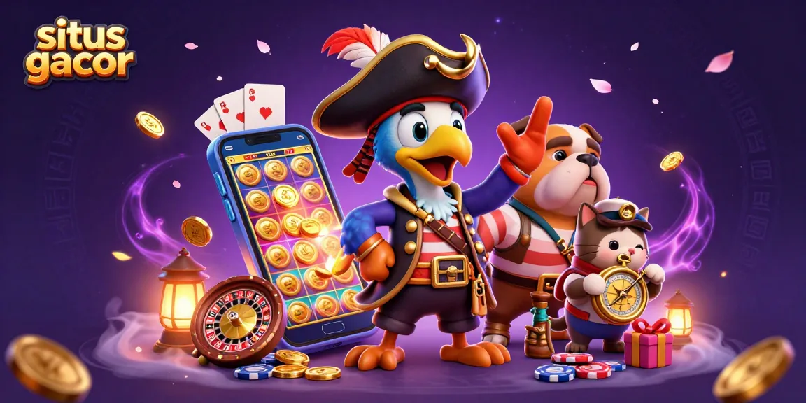 Win big on situs gacor with a vibrant 3D pirate-themed casino illustration showcasing vibrant game elements.