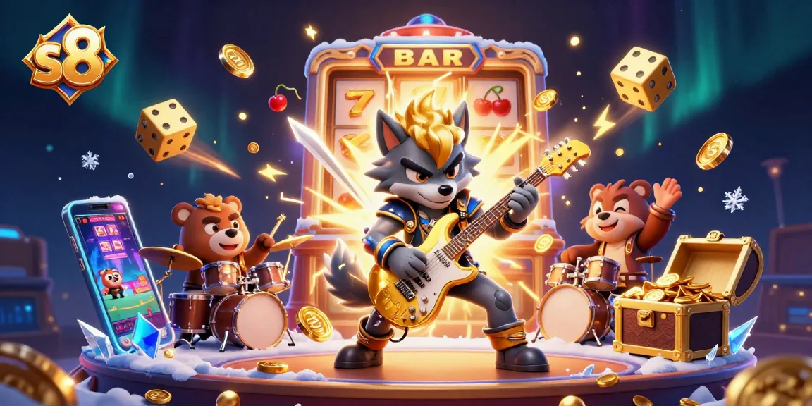 S8 features an exciting scene with a rock star wolf and a bear drummer amid vibrant casino elements.