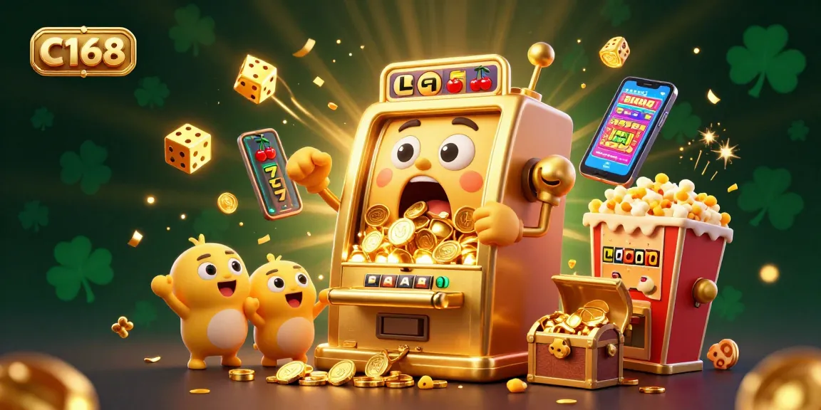 Experience thrilling jackpots at C168 with a lively slot machine celebrating big wins amidst a vibrant casino scene.