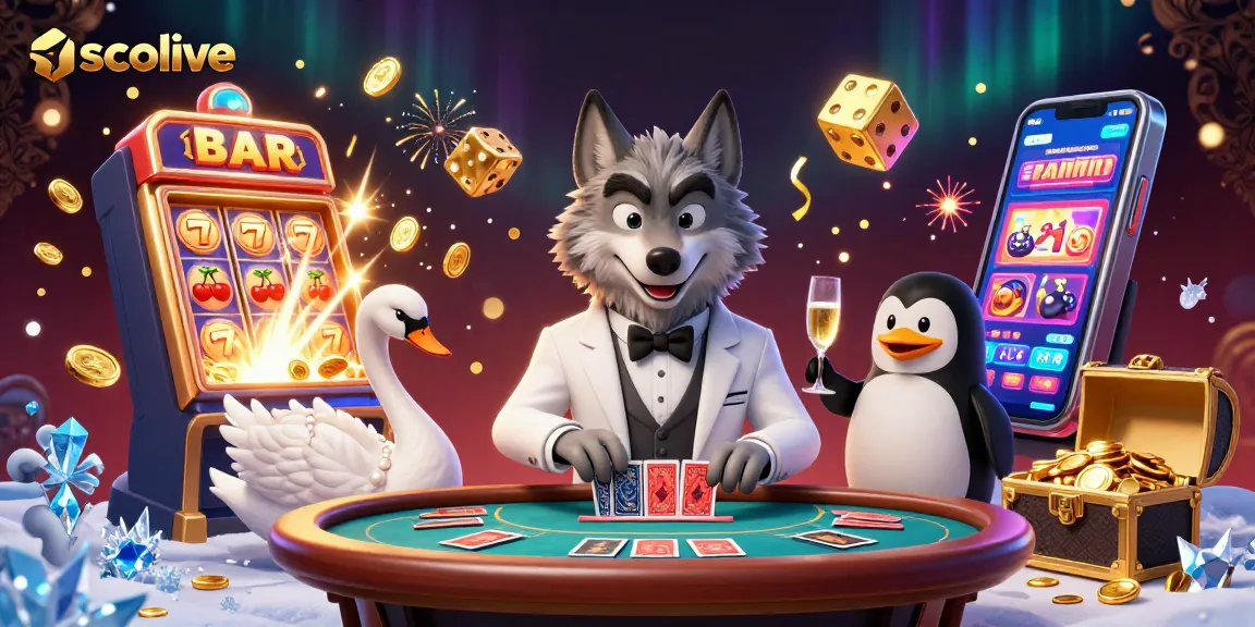 Socolive showcases a lively casino scene with animated characters enjoying baccarat and vibrant slot elements.