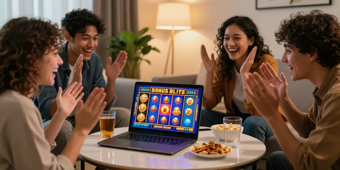 Exciting scene of friends playing Bonus Buy Slots on aboutderbyshire.co.uk with vibrant graphics and cozy atmosphere.