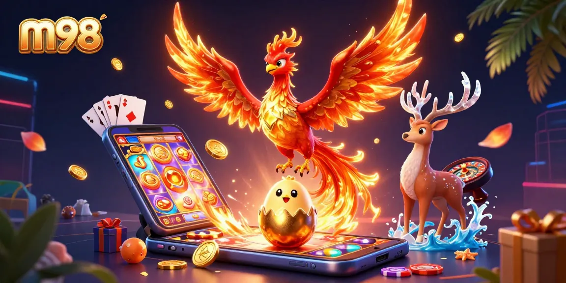Experience the thrill of m98 gaming with this vibrant 3D illustration of phoenixes, slots, and casino elements.