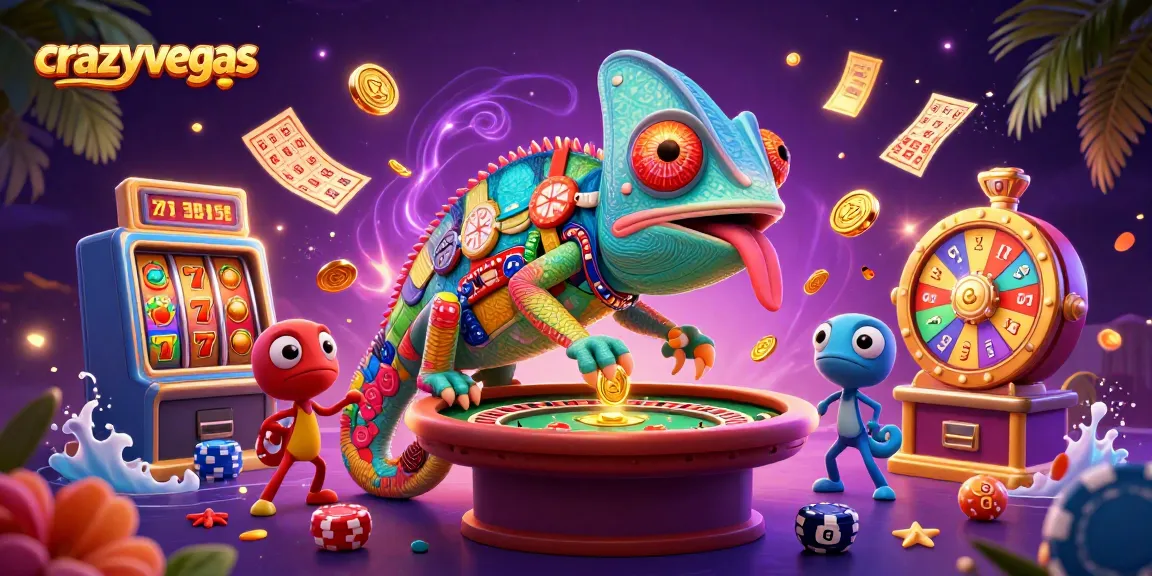 Experience the thrill of crazyvegas with a vibrant 3D casino scene featuring a chameleon owner and dynamic game elements.